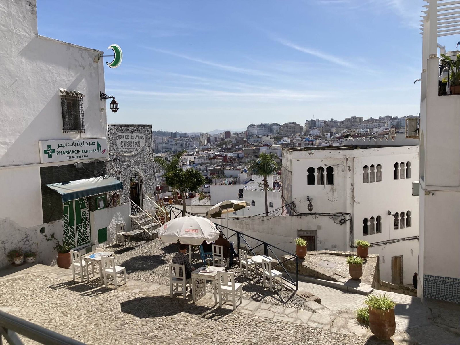 The whitewashed houses of Tangier’s medina and Kasbah under a blue sky
