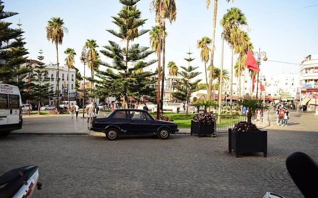 Palm trees around the open square of the Grand Socco
