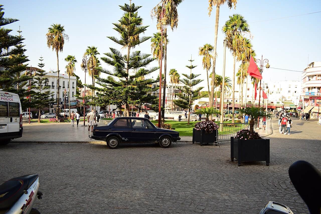 Palm trees around the open square of the Grand Socco
