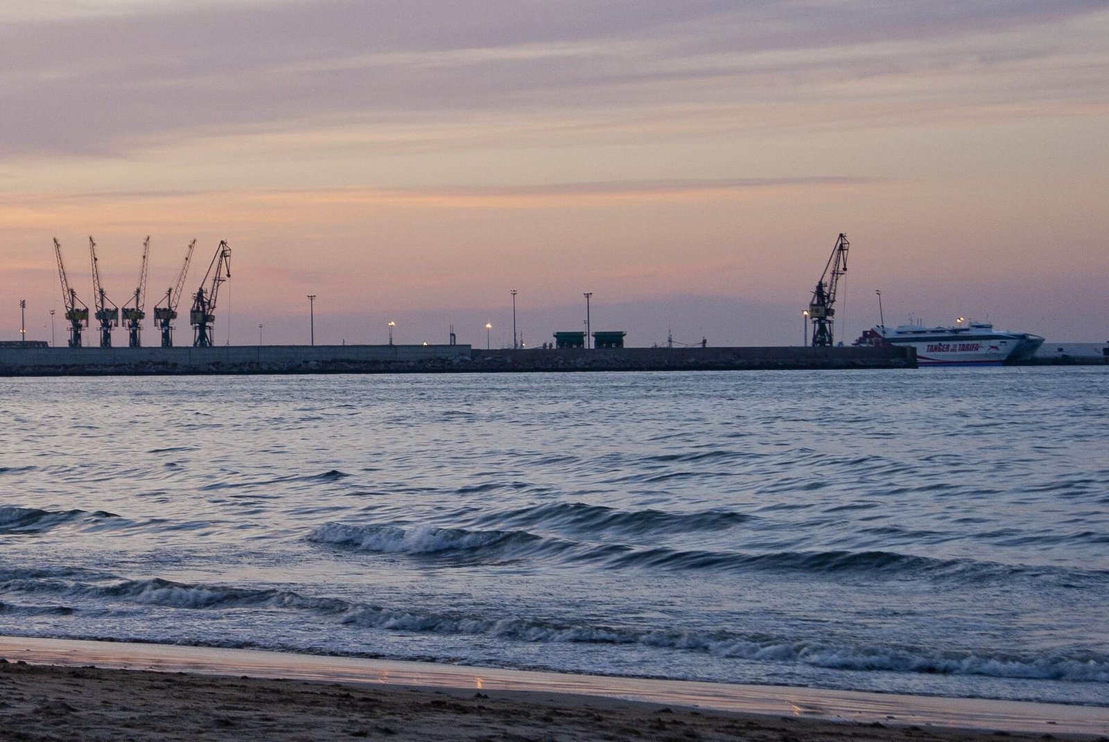 The port of Tangier and the Strait of Gibraltar at dusk